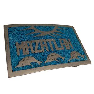 Vintage 70's Mexico Mazatlan Blue Inlay Belt Buckle With Marlin Fish Design